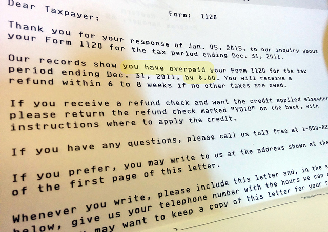 IRS letter, you overpaid by $0.00, the office, Hackney, London, UK by doctorow on Flickr CC BY-SA 2.0